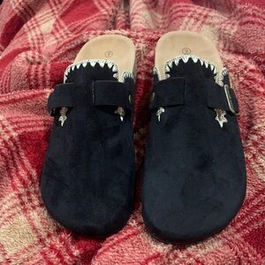 Seven7 Black Mules with Silver Accents